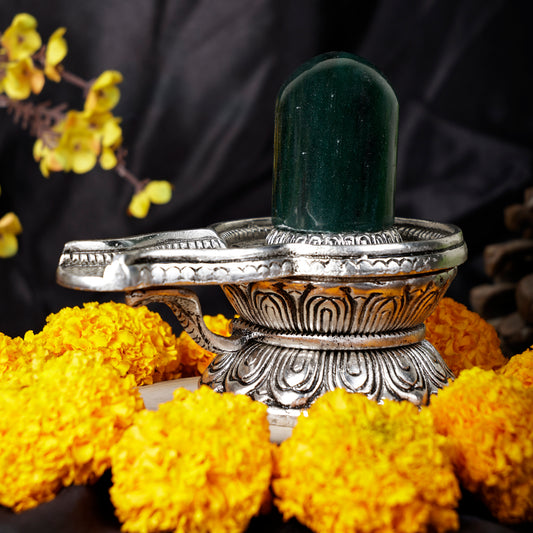 Green Jade Stone Shivling with metal base very fine carving (Approx 550 gram , Stone Green Jade , Base White Metal, Height 4.25 inch , Width 5.5 inch approx dimensions)